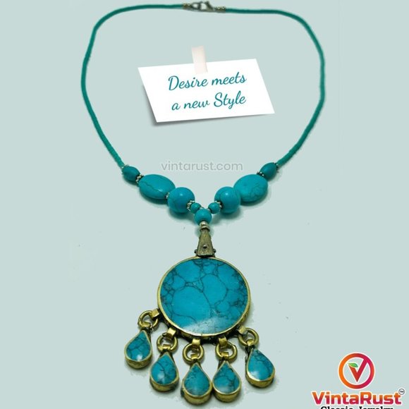 Turquoise Beaded Necklace, Boho Tribal Statement Necklaces, Necklace - Picture 4 of 12